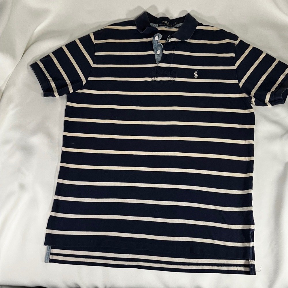 Polo Ralph Lauren Mens Large Navy White Striped Cotton Pique Short Sleeve Polo